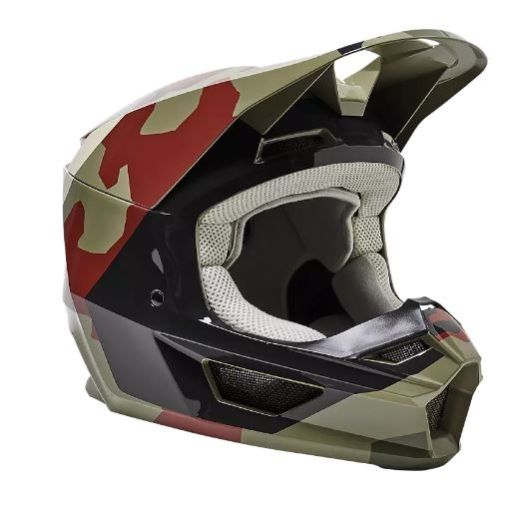 SPRING 2022 Fox Youth V1 BNKR Motocross Helmet ECE (Green Camo)