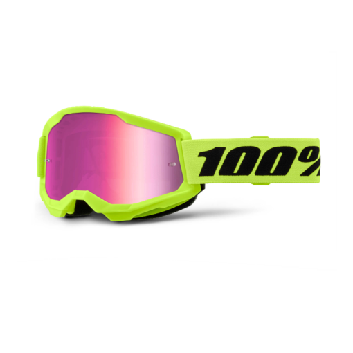100% Strata Gen 2 Motocross Goggles Neon Yellow Pink Mirror Lens