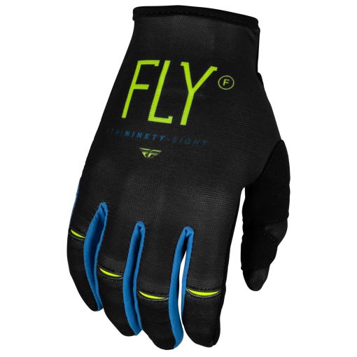 Fly 2024 Youth Kinetic Prodigy Motocross Gloves (Charcoal/Neon Green/True Blue)