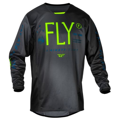 Fly 2024 Youth Kinetic Prodigy Motocross Jersey (Charcoal/Neon Green/True Blue)