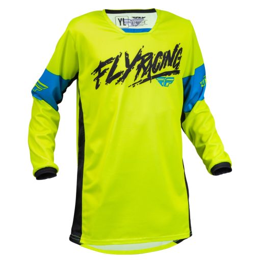 2023 Fly Racing Kids Youth Kinetic Khaos Motocross Jersey (Hi-Viz/Black/Cyan)
