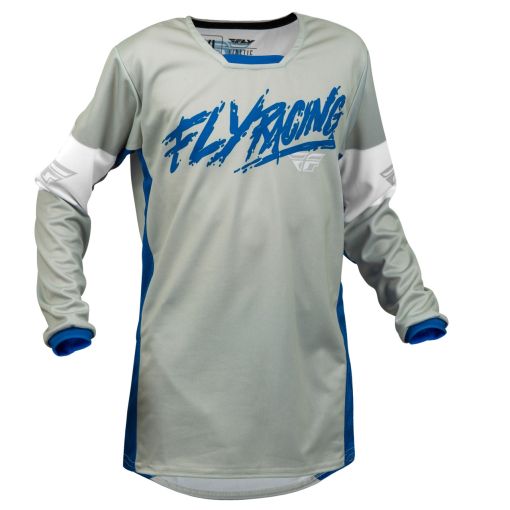 2023 Fly Racing Kids Youth Kinetic Khaos Motocross Jersey (Light Grey/Blue/White)