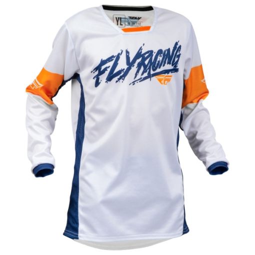 2023 Fly Racing Kids Youth Kinetic Khaos Motocross Jersey (White/Navy/Orange)