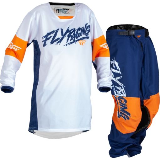 2023 Fly Racing Kinetic Khaos Motocross Youth Kids Gear White Navy Orange