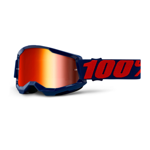 100% Strata Gen 2 Motocross Goggles Masego Navy Red Mirror Red Lens